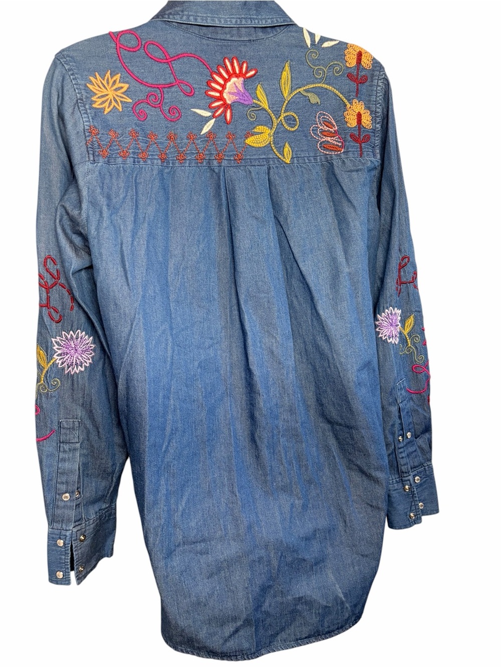 Johnny Was Workshop Blue Embroidered Floral Butterfly Denim Button-Down Shirt - Picture 3 of 4